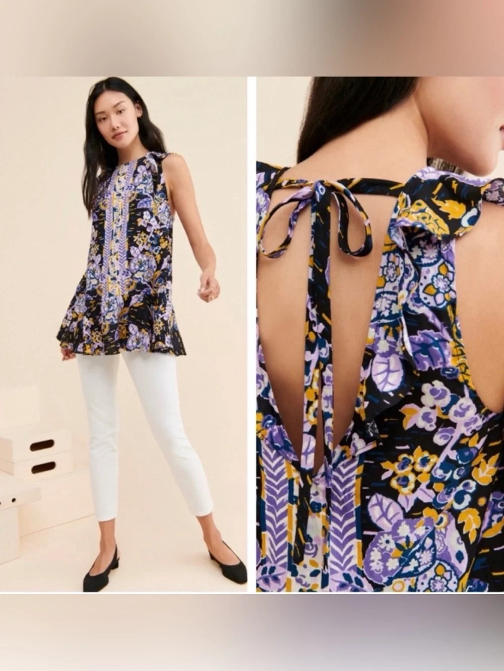 Free People $108 NWT P2P17-18” L28” Dark Combo Linen-Blend Tunic Top Tie Neck